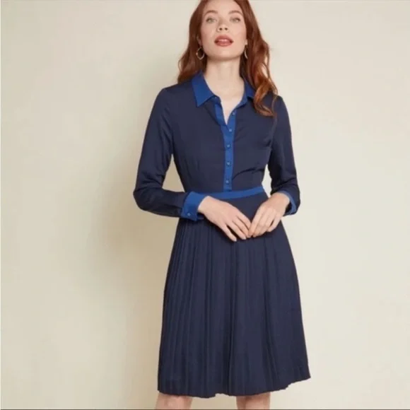 ModCloth Just My Typist Dress Women’s Sz 20 Pleated, Button Front Navy Blue - Picture 4 of 13
